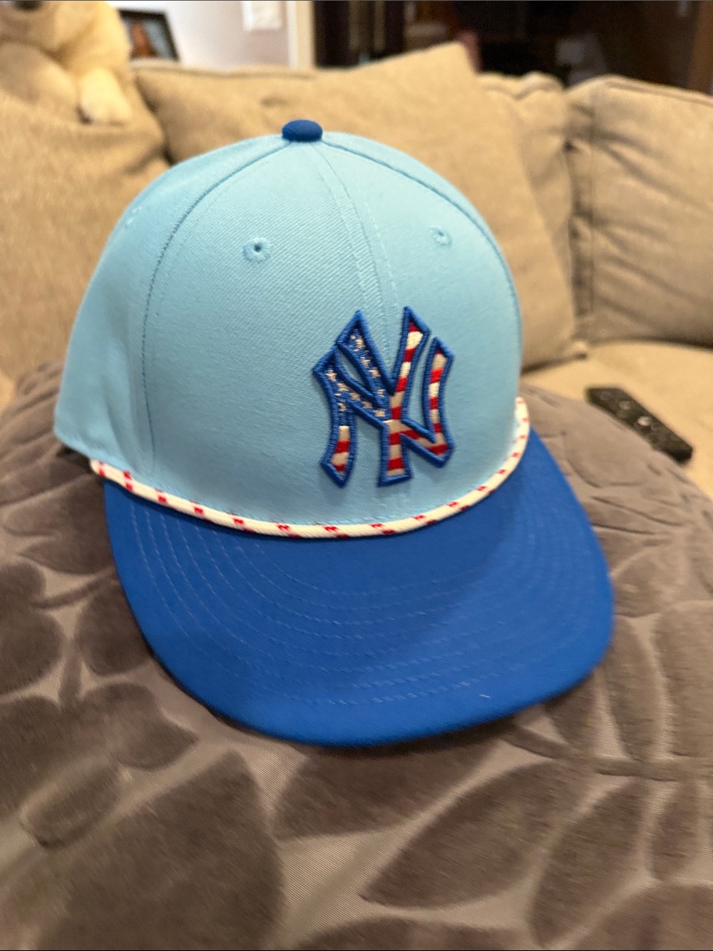 New Era Light Blue and Royal NY Yankees Baseball Cap with Patriotic Logo 7 1/4